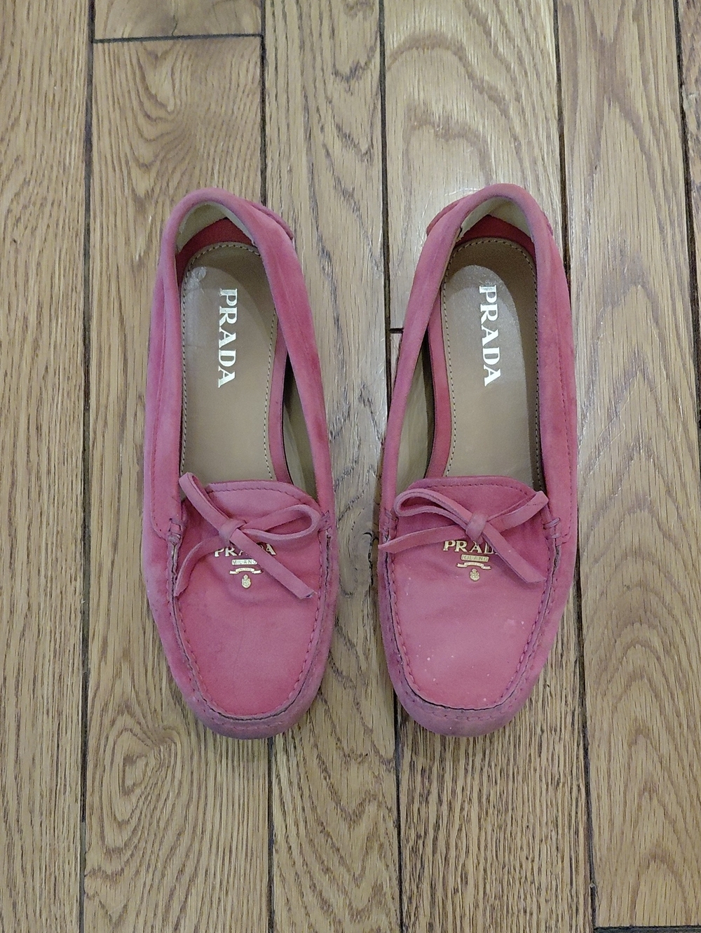 Prada Pink Suede Loafers with Bow and Gold Logo Sz 35